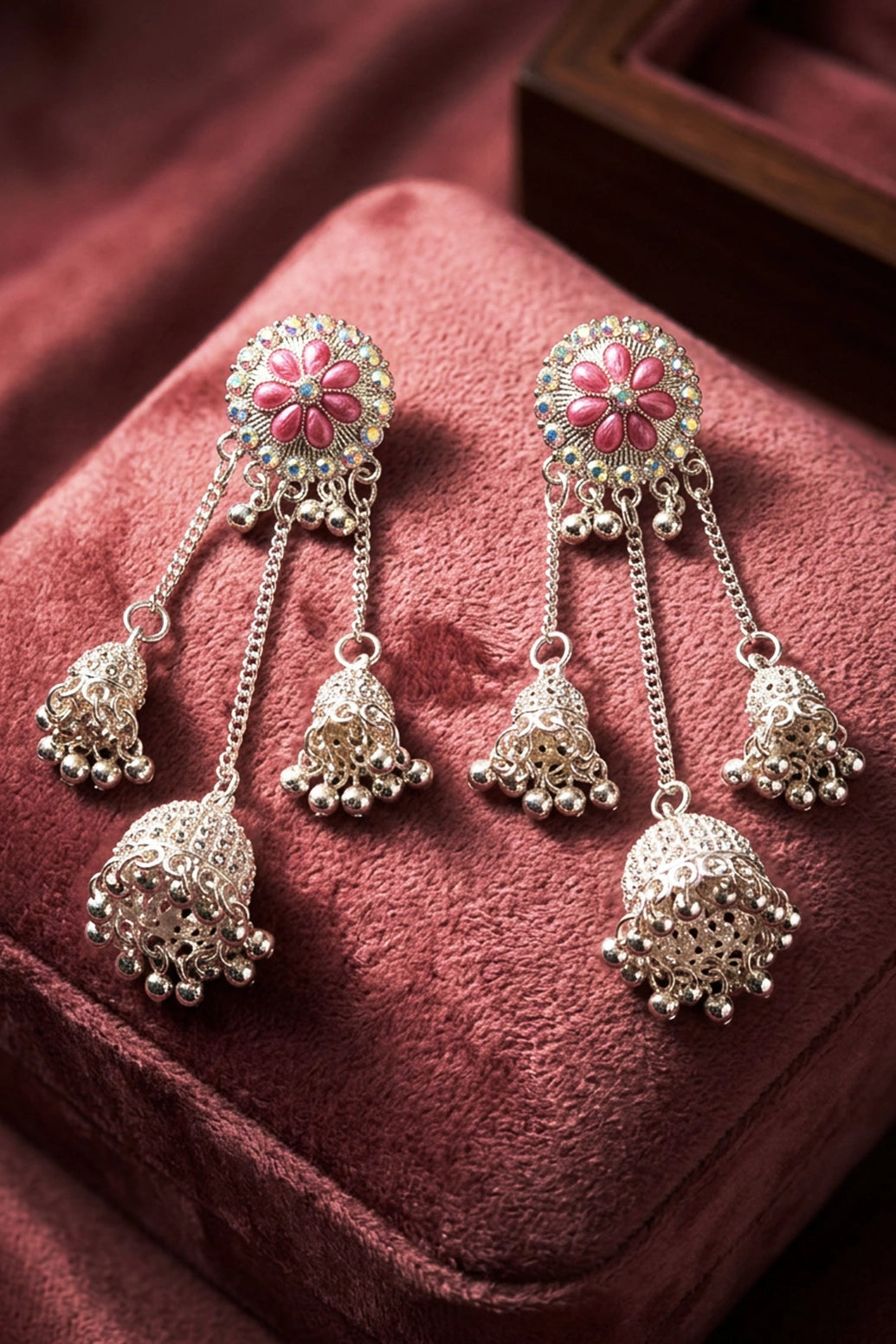 Silver-Finish Flower Stud Jhumka Earrings with Multicolor Crystal Stones and Filigree Dome Drop