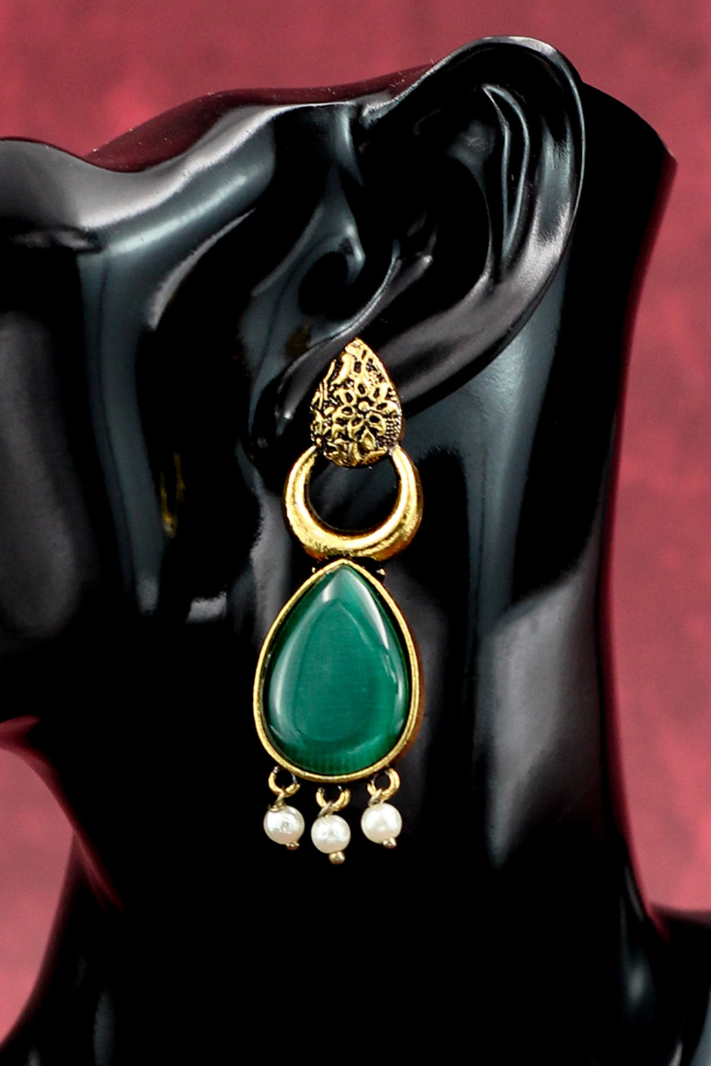 Gold-Tone Green Teardrop Earrings with Pearl Drops — Ethnic Fashion Jewellery Jewelry JCS Fashions