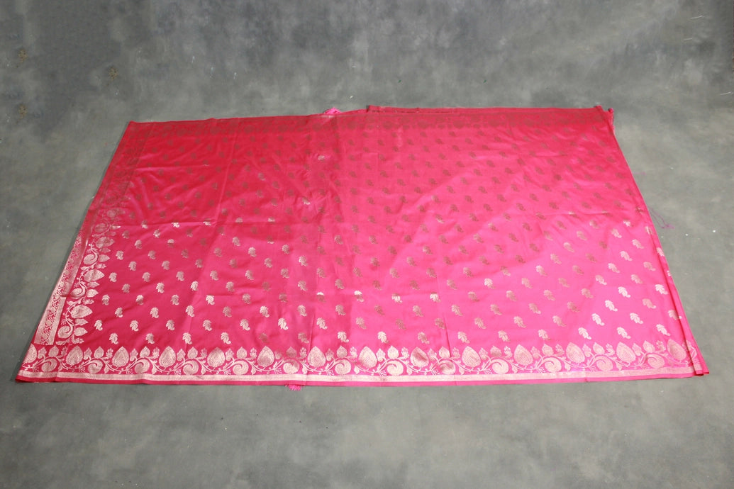 Pink Banarasi Soft Silk Saree with Zari Floral & Mango Motifs Border and Tassels