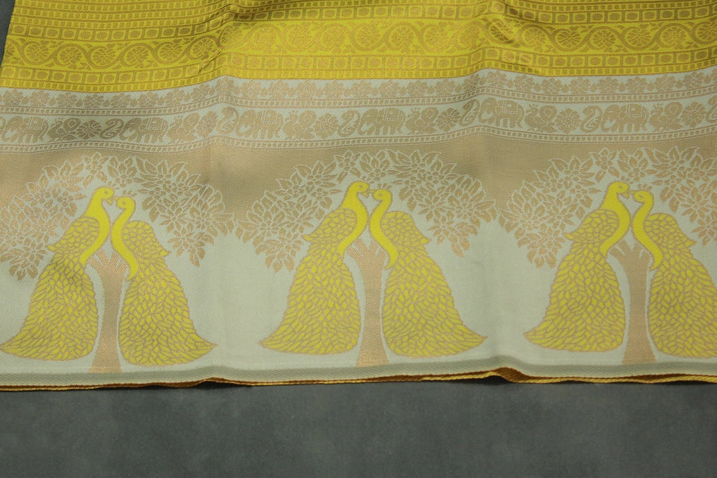 Mustard Yellow Kubera Silk Saree with Peacock Border and Contrast Pattern, Semi Silk Saree with Blouse