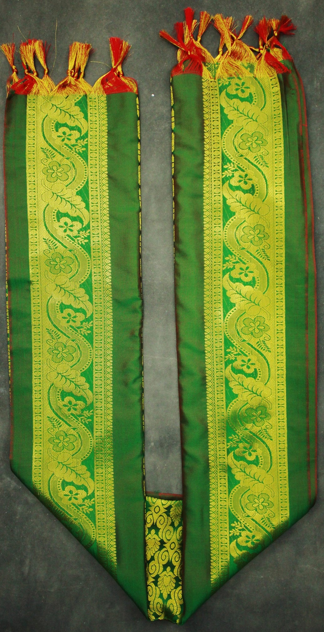 Green Zari Pattu Shawl with Traditional Border and Tassels for Pooja, Events and Functions