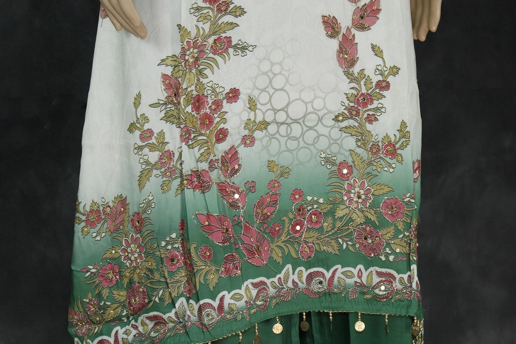 Cream and Green Printed Crepe Salwar Suit - 3 Piece Pakistani Style Kurti, Pant and Cotton Dupatta