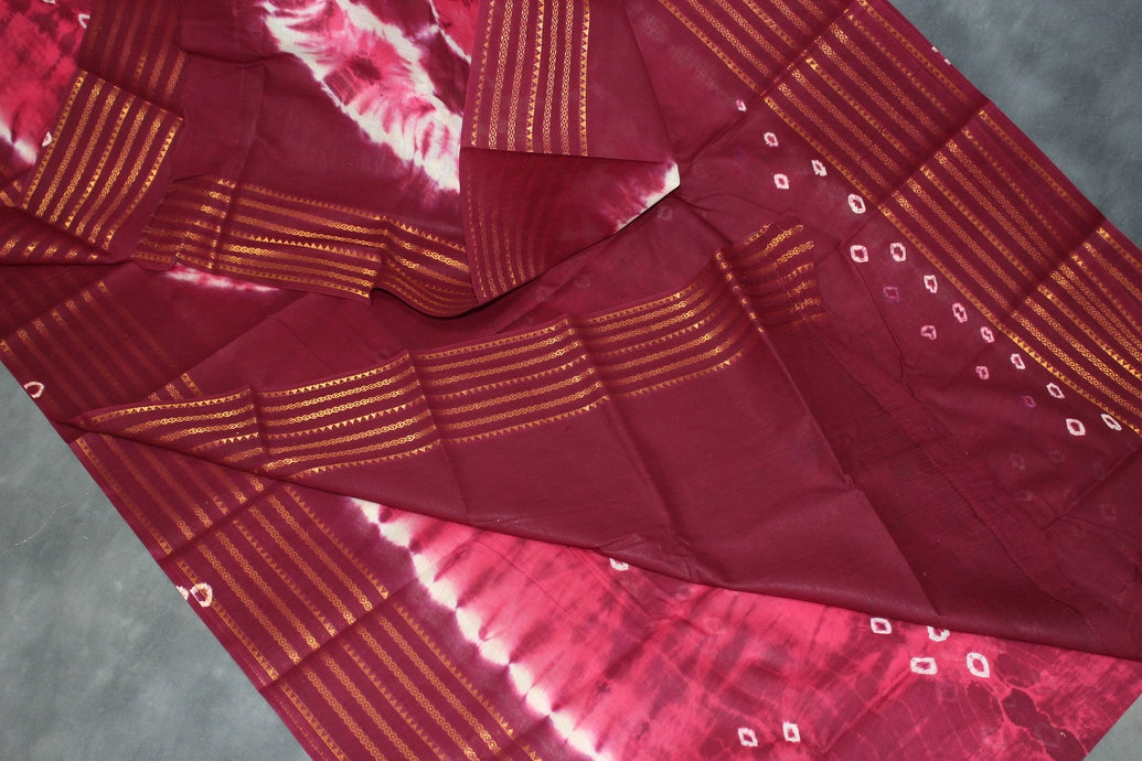 Pure Sungudi Cotton Bandhani Saree - Purple with Golden Zari Border, Unstitched Blouse Included