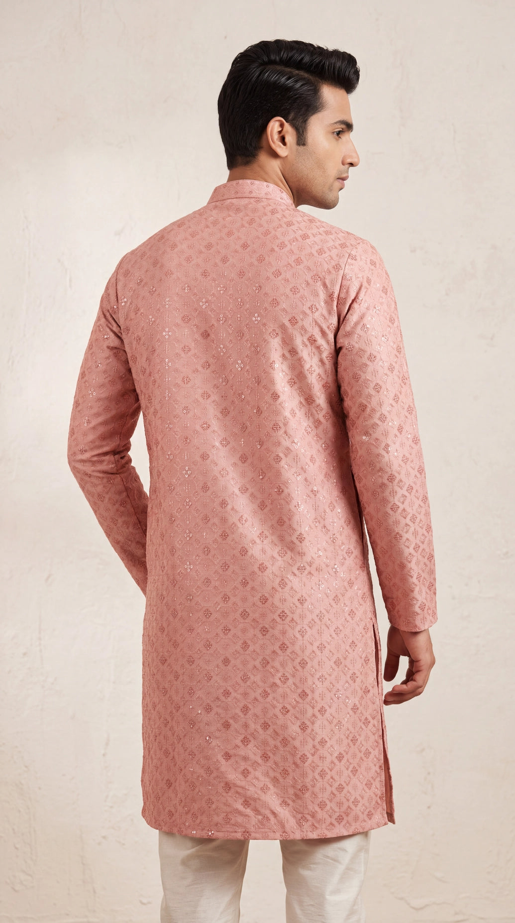 Men Onion Pink Lakhnavi Kurta with Jacquard Pattern, Band Collar & Button Placket