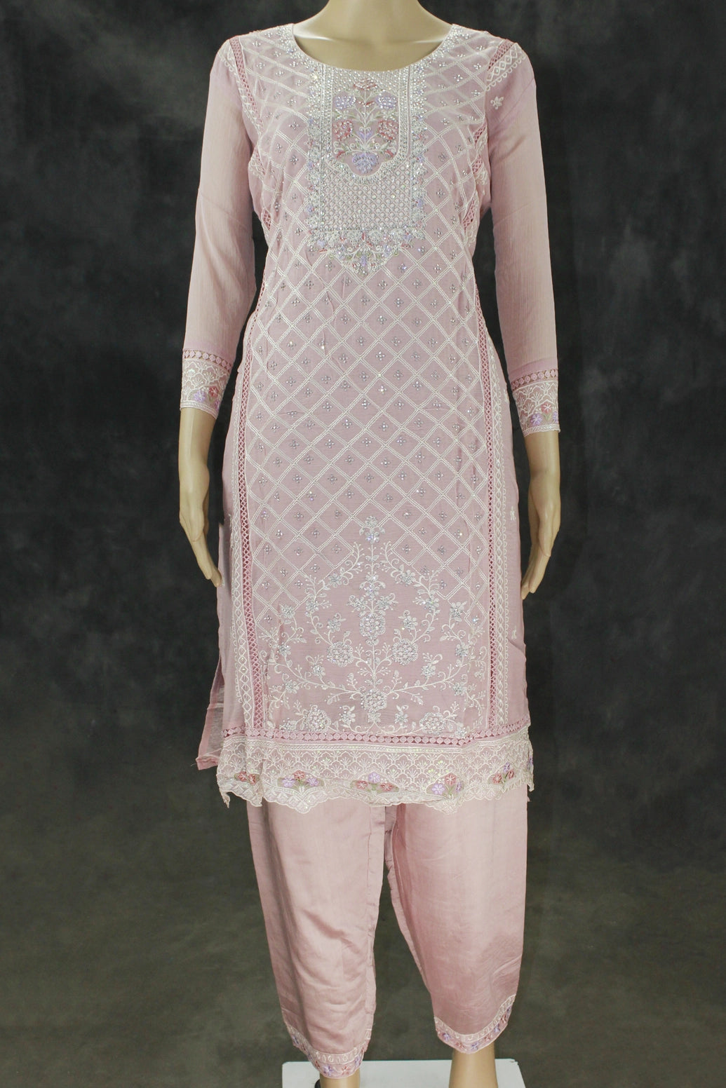 Light Onion Pink 3-Piece Salwar Suit Set with Organza Chiffon Kurti, Elastic Pant & Stone Work Dupatta