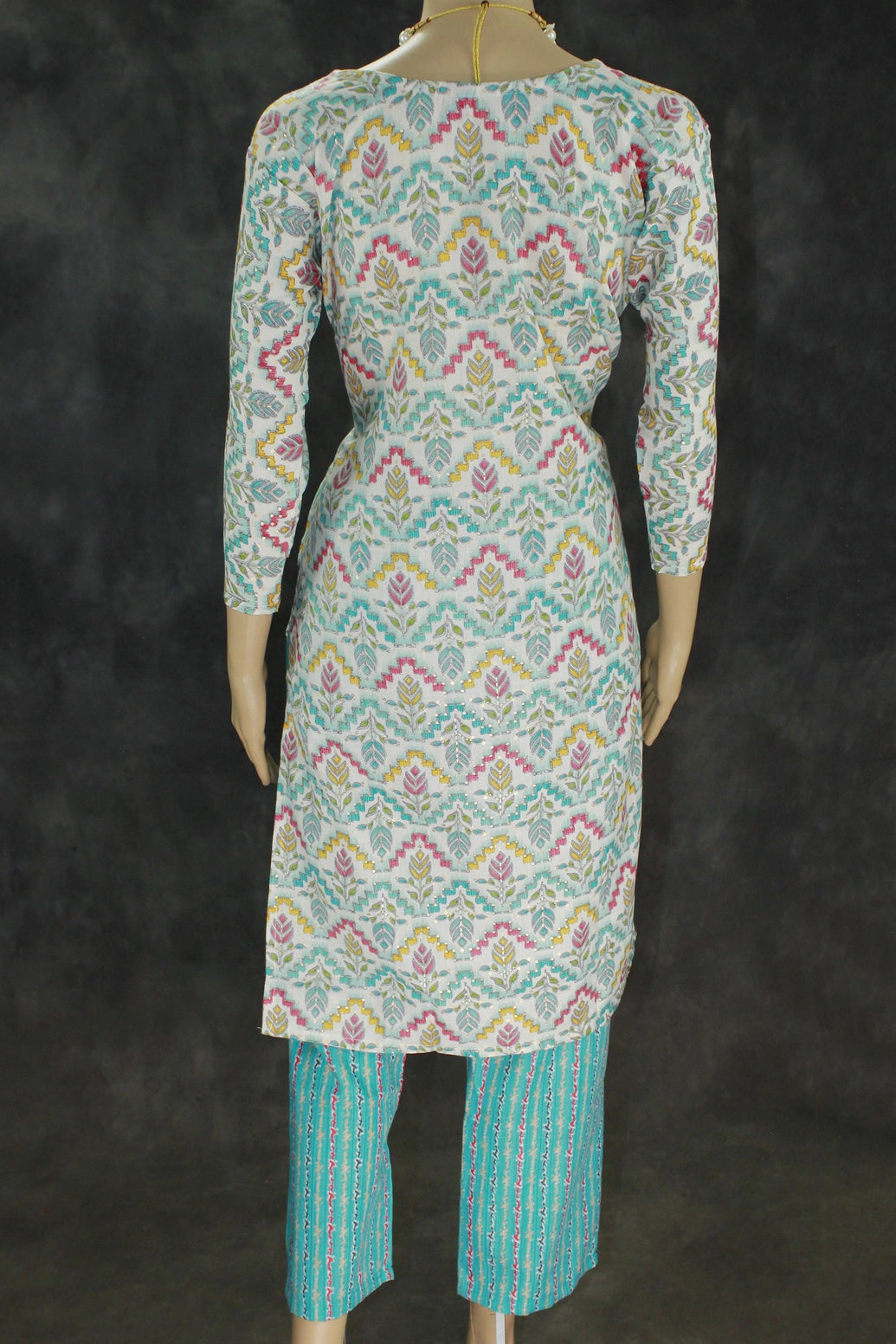 Cotton Printed Kurti Set with Elasticated Pants, Cream & Multicolour Print - Two-piece Kurti and Pant