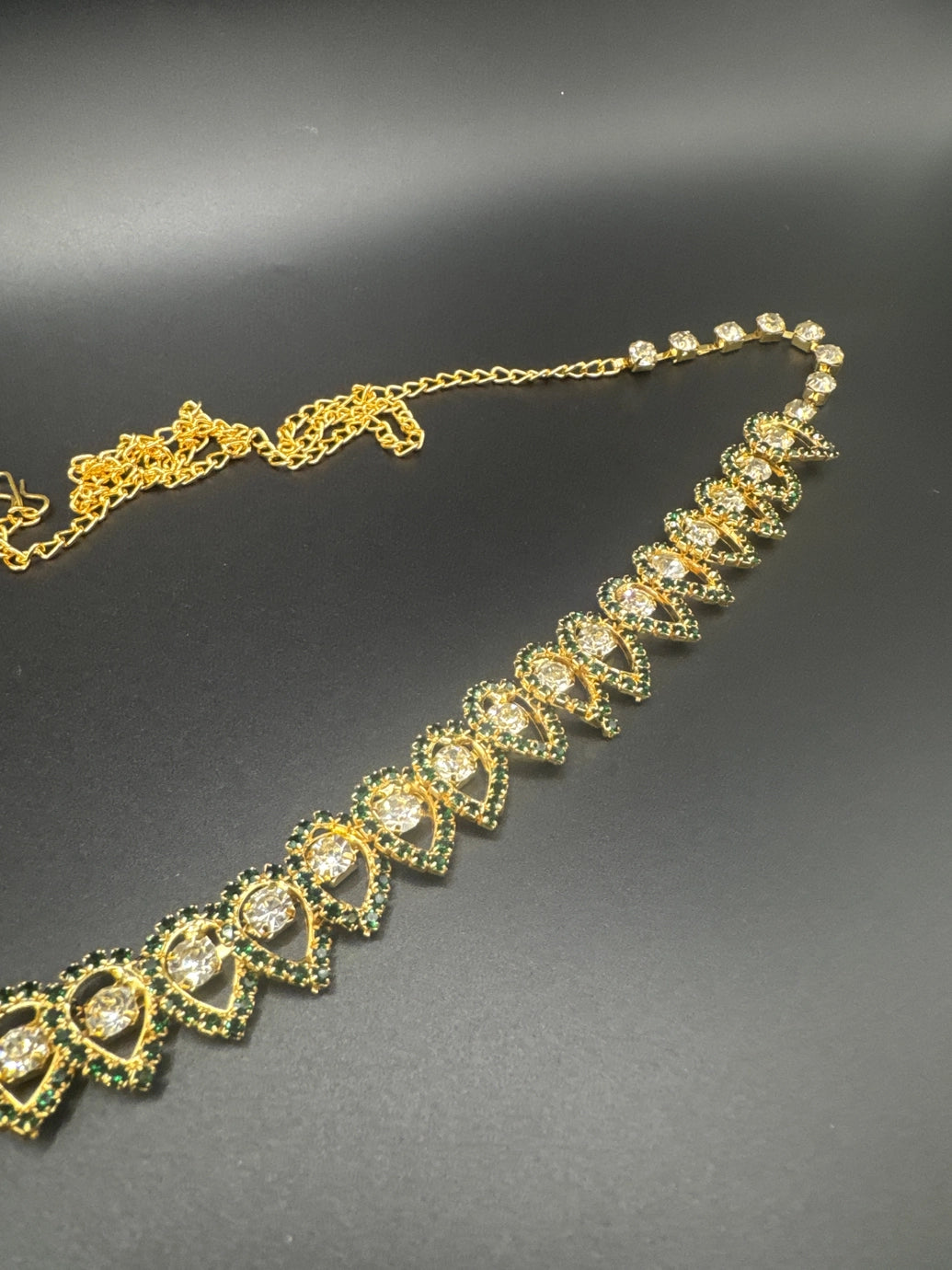 Gold-Tone Green Stone Hip Chain with Clear Round Stones and Teardrop Scalloped Design Jewelry JCS Fashions