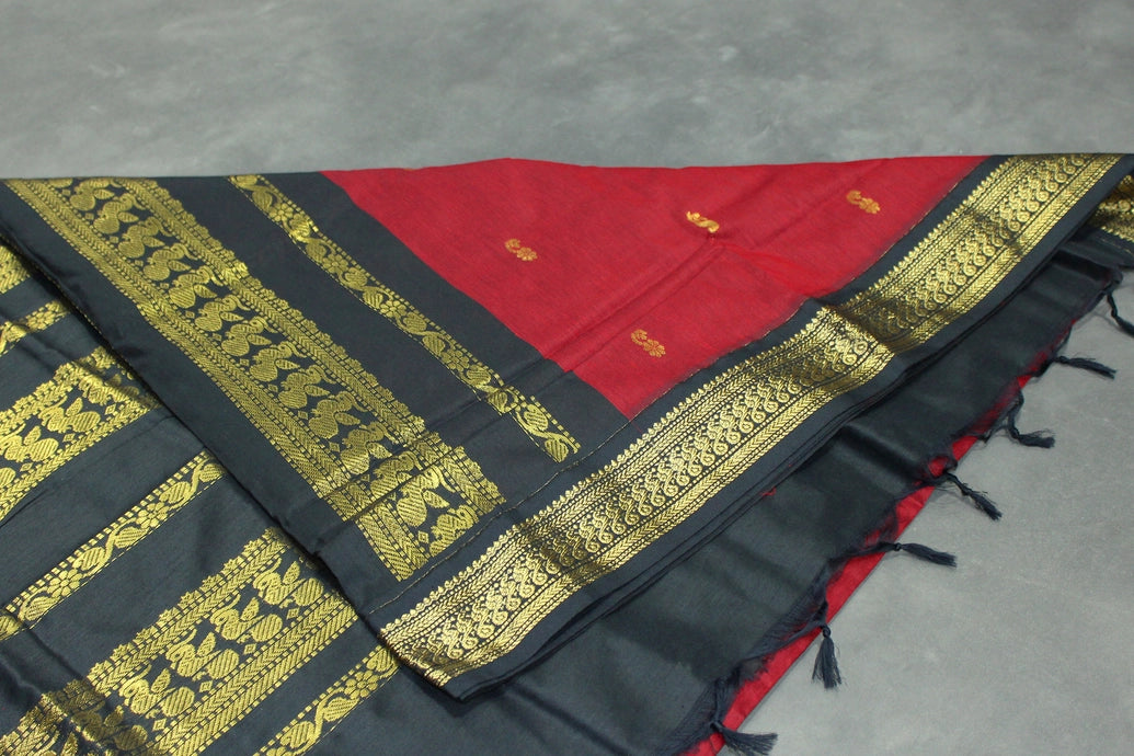 Kalyani Dark Red Cotton Saree with Black Golden Zari Border and Putta Motifs - Blouse Included Saree JCS Fashions