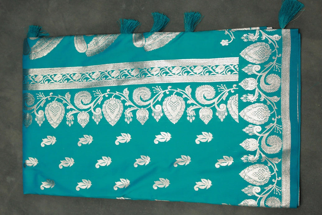 Rama Blue Banarasi Soft Silk Saree with Zari Floral & Mango Motifs and Traditional Border for Women