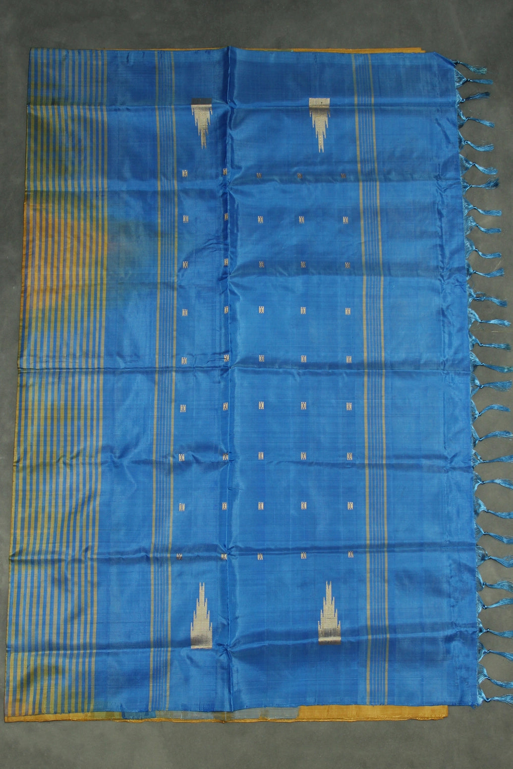 Blue & Mustard Vaazhai Naar (Banana Pith) Saree with Small Butta Allover, Borderless Design, Striped Pallu