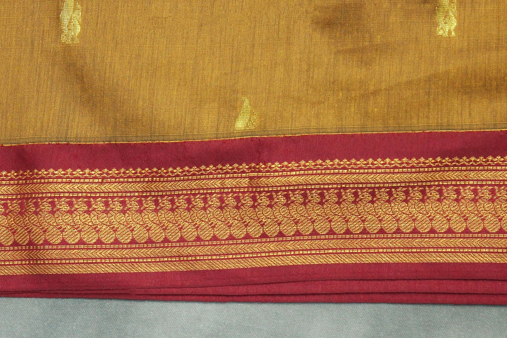 Silk Cotton Brown Saree with Maroon Grand Pallu and Thick Zari Border