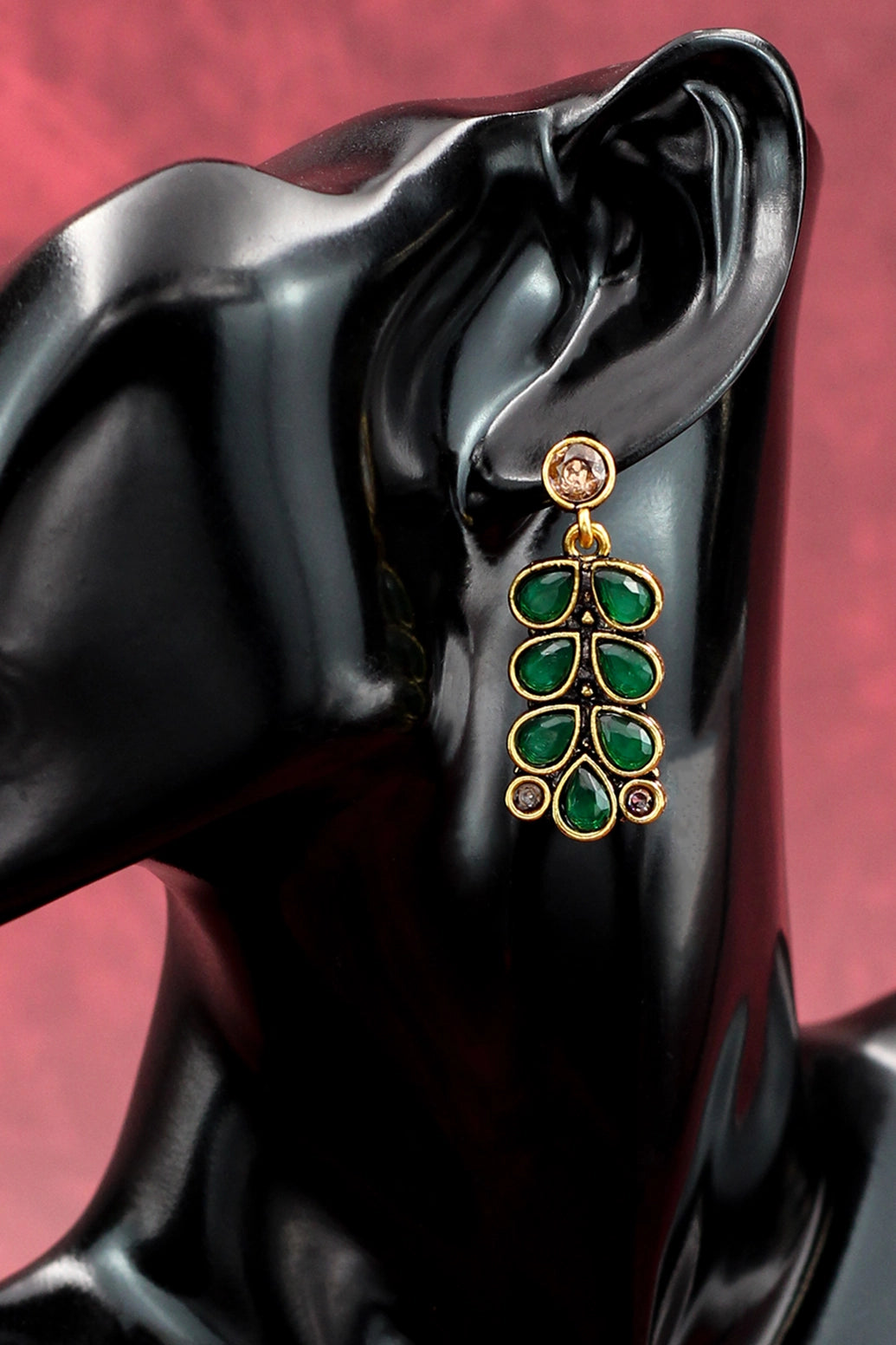 Antique Gold-Tone Green Teardrop Leaf Earrings — Traditional Ethnic Festive Fashion Jewellery Jewelry JCS Fashions