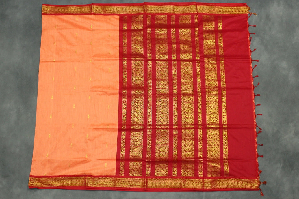 Silk cotton sarees with grand pallu and thick Zari border both sides. Full body small butties. With blouse