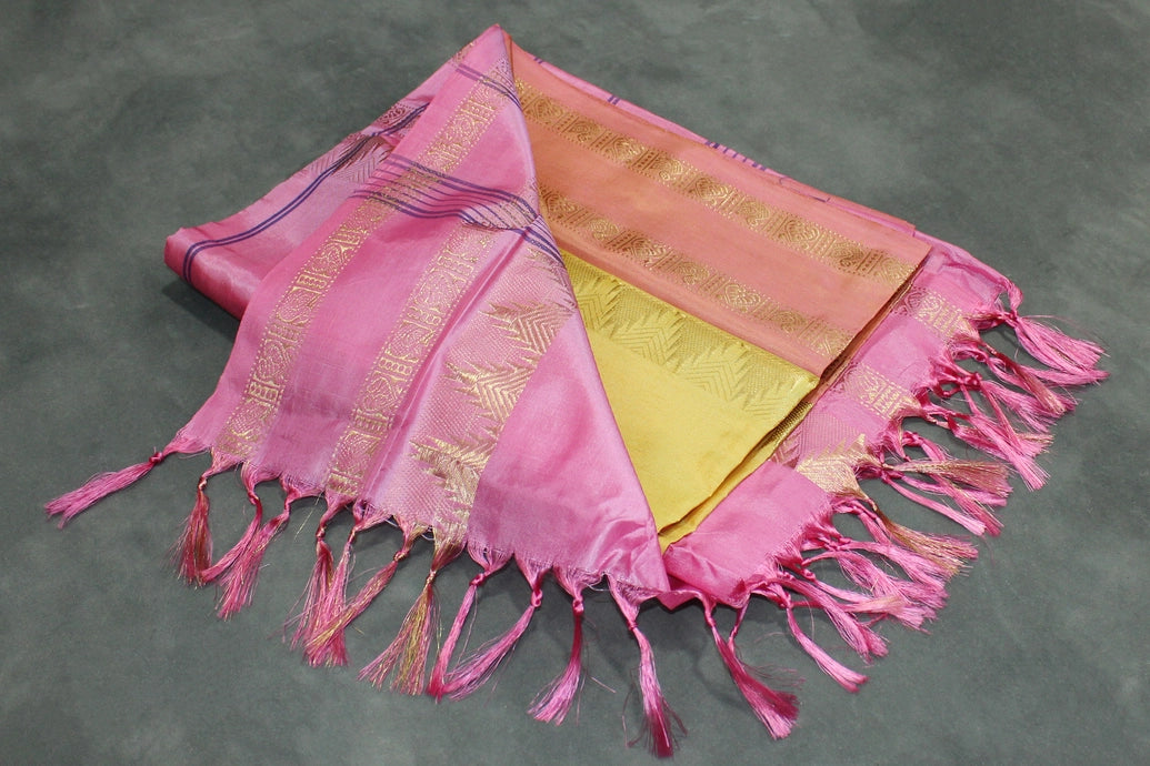 Banana Pith (Vaazhai Naar) Yellow & Pink Saree with Zari Border and Small Butta
