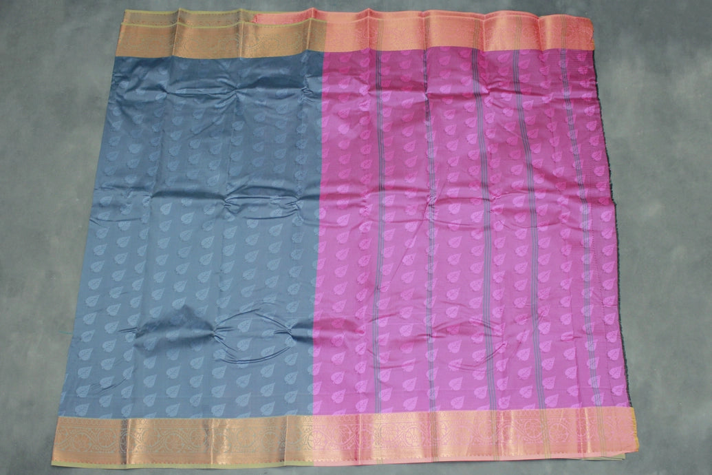 Grey Semi Silk Emboss Saree with Elegant Border, Leaf Motif Weave and Traditional Look