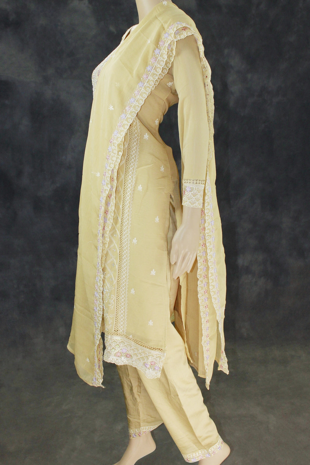 Pastel Yellow 3-Piece Salwar Kurti Set with Chiffon Dupatta, Stone Work Kurti and Elastic Pant