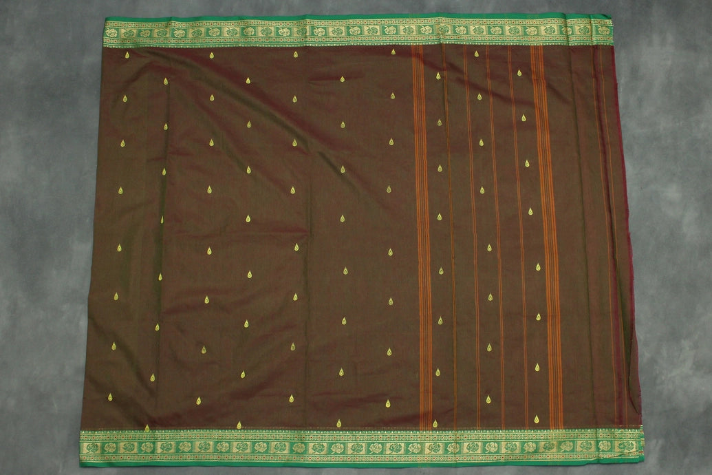Brown & Green Printed Poly Cotton Butta Saree with Green Thread Border, Traditional Small Butta Motifs Saree JCS Fashions