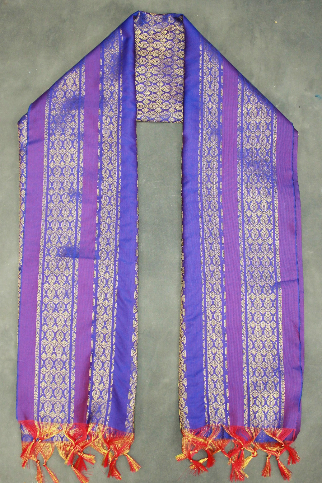 Violet Ponnadai Poly Silk Jacquard Temple Shawl with Zari Pattern and Tassels for Pooja, Weddings, Functions