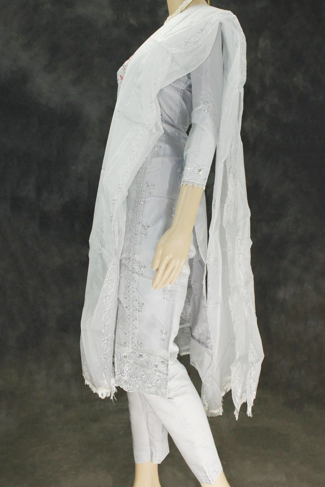Gray Roman Silk 3-Piece Kurta Set with Organza Embroidered Top, Elastic Pants & Border Dupatta