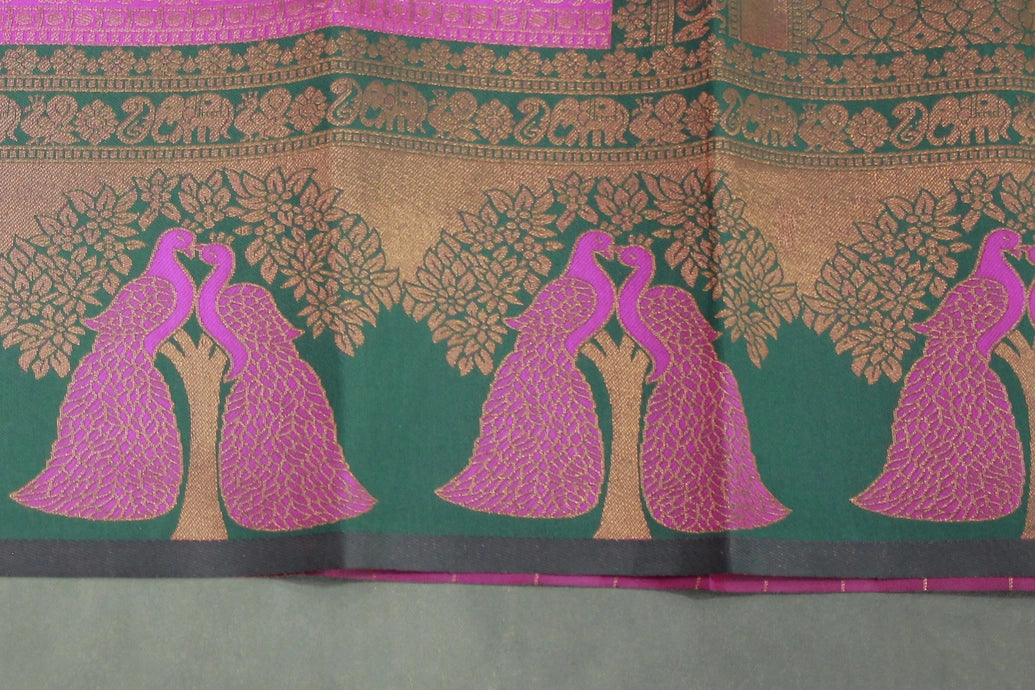 Magenta Pink Kubera Silk Saree with Peacock Design Border and Contrast Pallu for Women