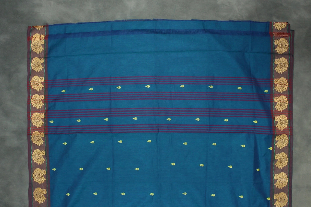 Rama Blue Poly Cotton Butta Saree with Gold-Colour Swan Thread Border - Traditional Indian Saree Saree JCS Fashions