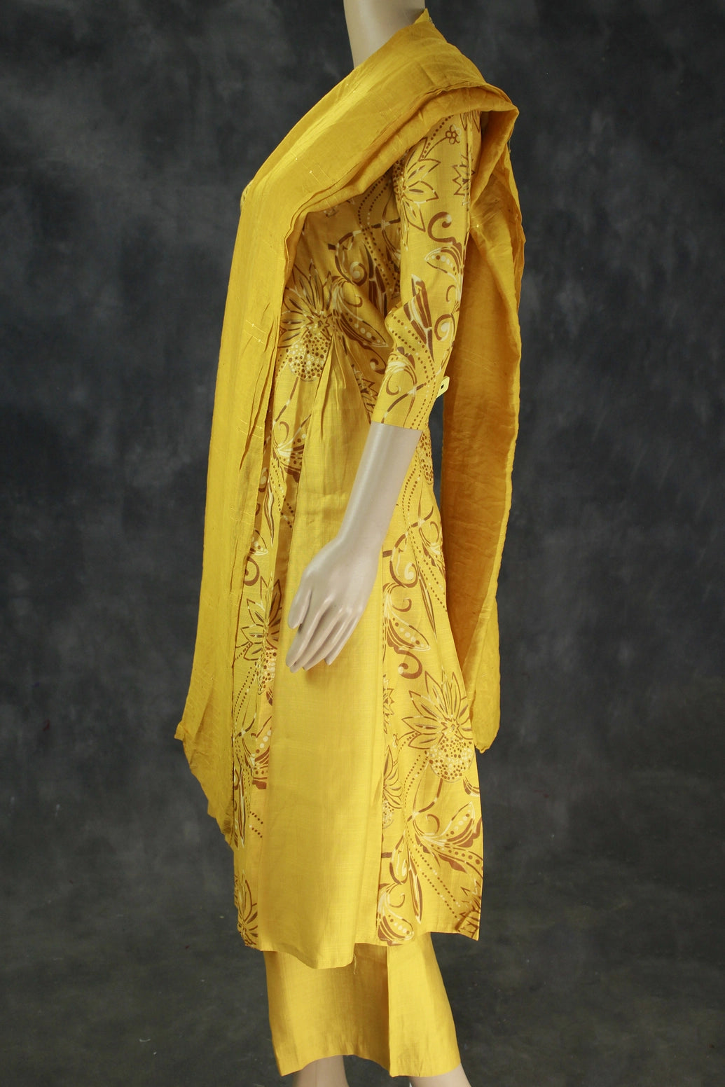 Yellow Cotton 3-Piece Kurti Set with Elastic Pant and Chiffon Dupatta, V-Neck Aari & Mirror Work