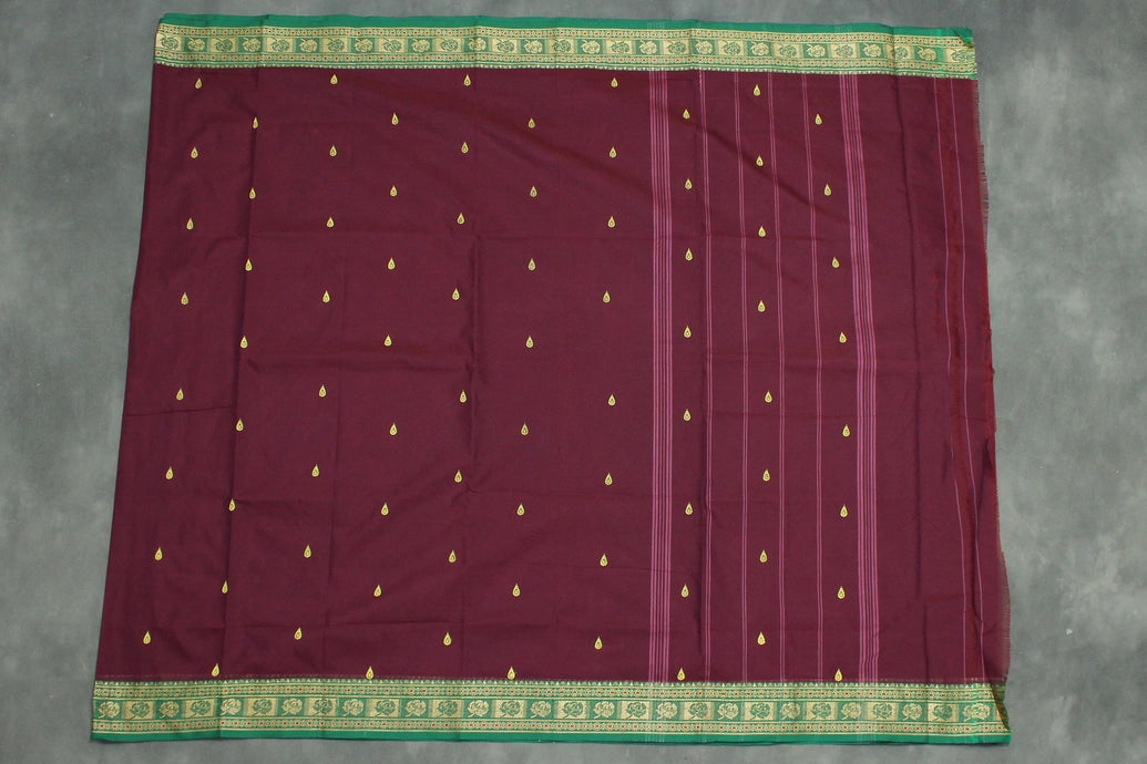 Dark Purple Poly Cotton Butta Saree with Green Thread Border Saree JCS Fashions