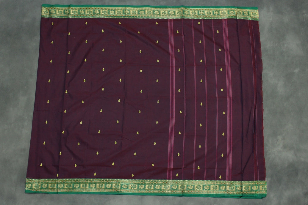 Dark Purple Poly Cotton Butta Saree with Green Threaded Border Saree JCS Fashions