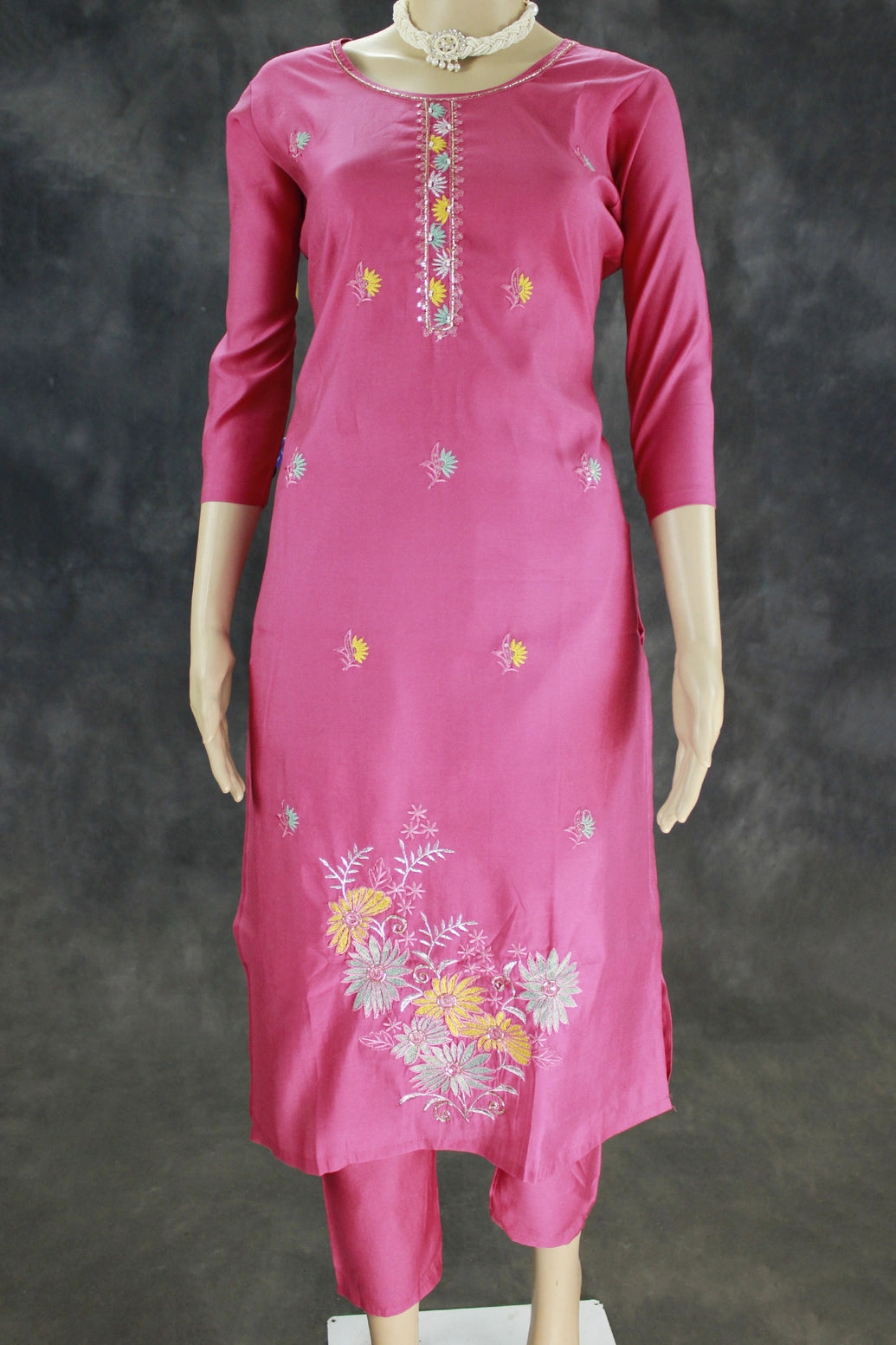 Deep Pink Roman Silk Kurti Set with Floral Embroidery, Beaded Neck Detail & Chiffon Dupatta for Women