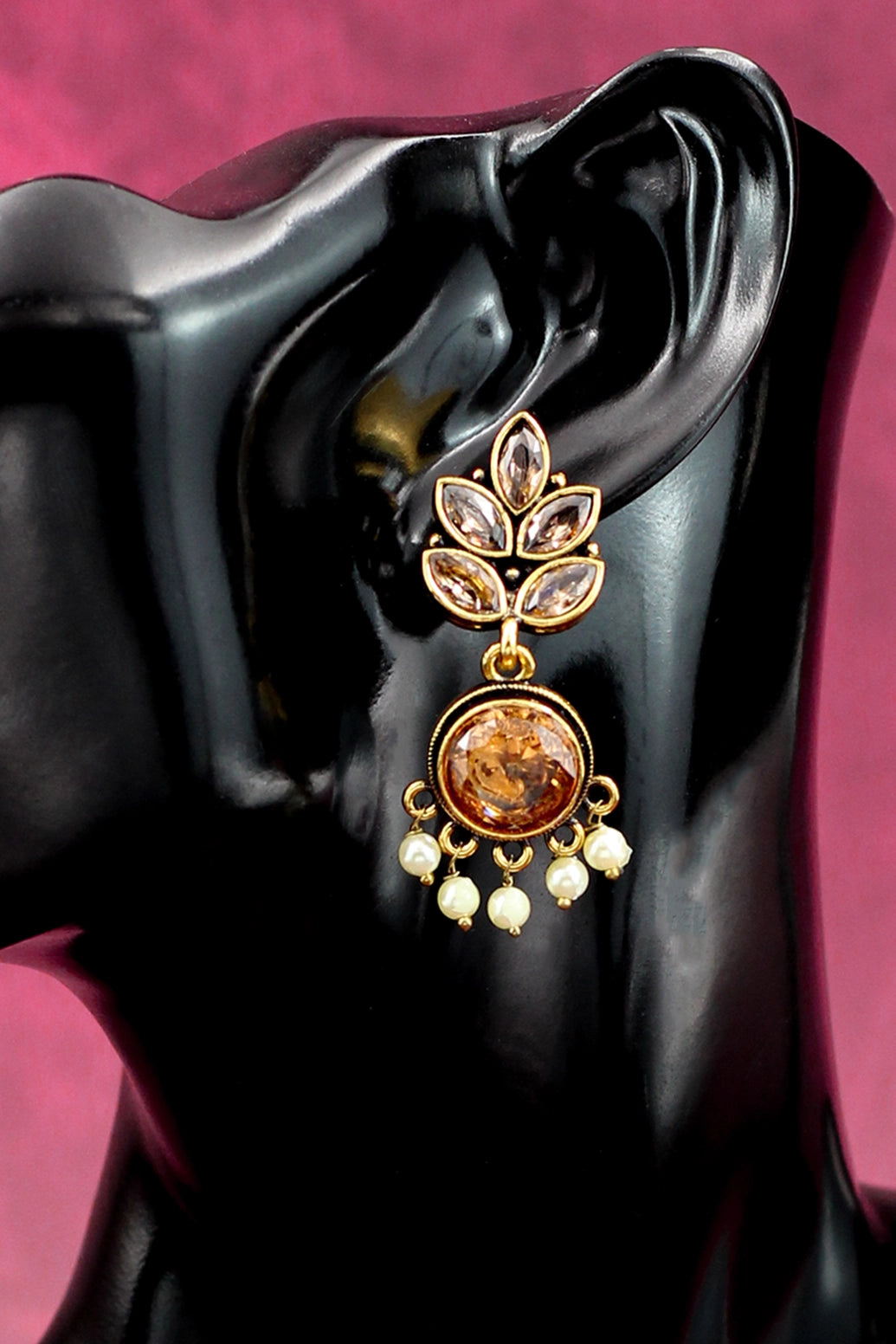 Gold-Tone Leaf Drop Earrings with Pearls, Clear Crystals and Amber Centre Jewelry JCS Fashions