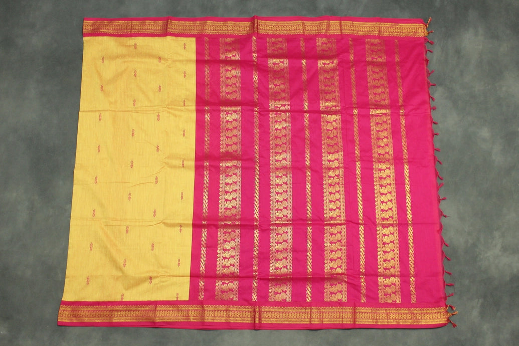 Yellow Silk Cotton Saree with Magenta Grand Pallu and Thick Gold Zari Border Saree JCS Fashions