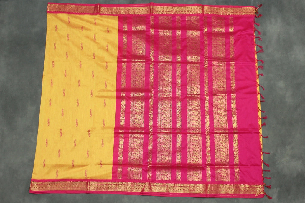 Silk Cotton Yellow & Pink Saree with Grand Pallu and Thick Zari Border