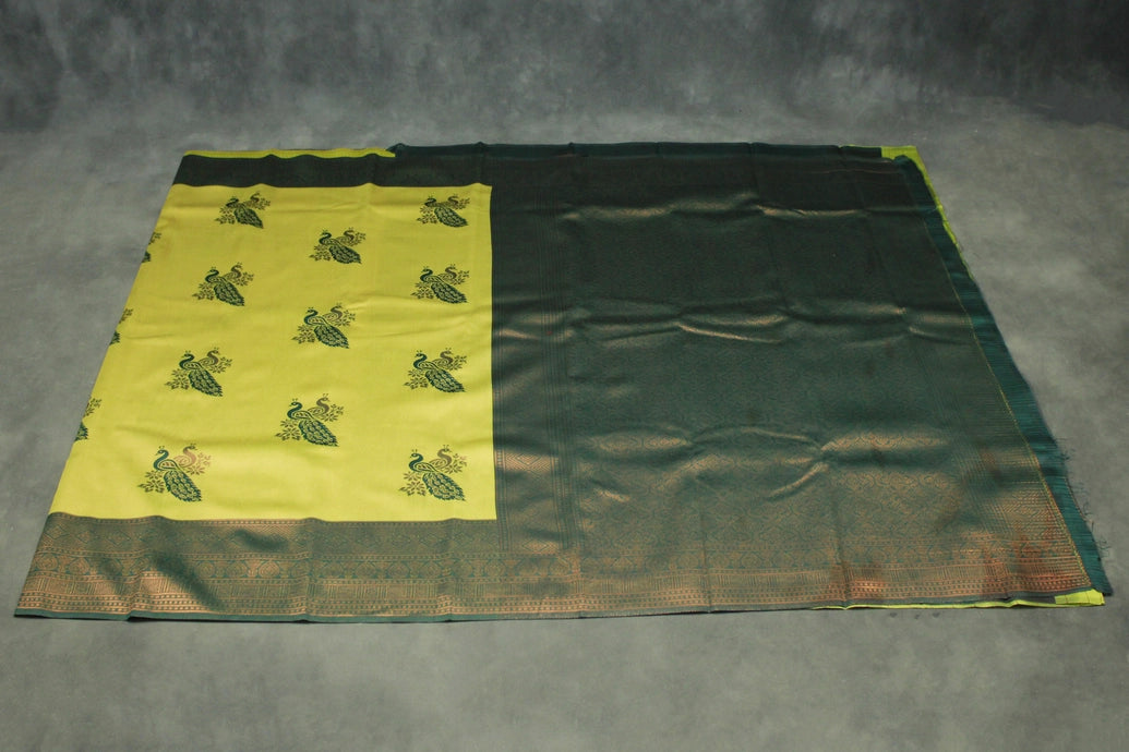 Mustard Kubera Pattu Saree with Big Zari Border and Peacock Motif, Semi Silk Saree with Blouse