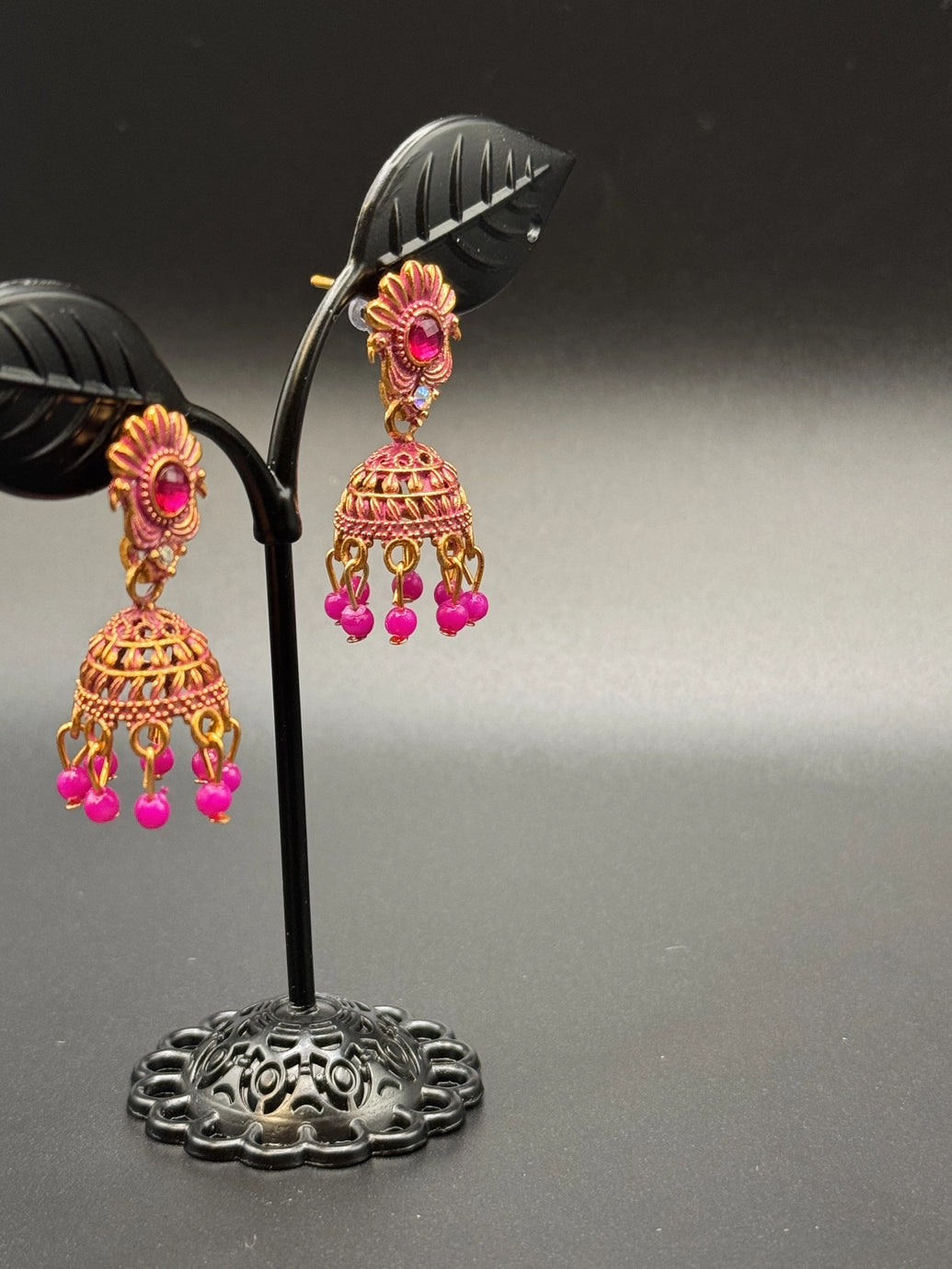 Antique Look Floral Jhumka Earrings - Gold-Tone Traditional Jhumkas in Maroon, Royal Blue, Light Blue, Pink & Green - Pair Jewelry JCS Fashions
