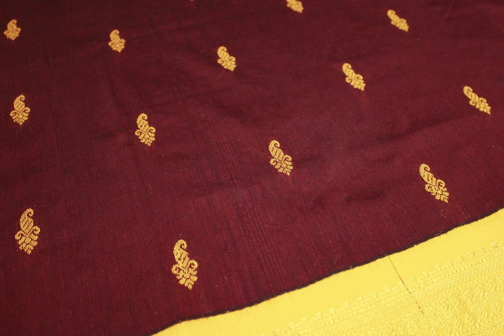 Maroon Kalyani Cotton Saree with Puttam Design and Zari Border and Blouse