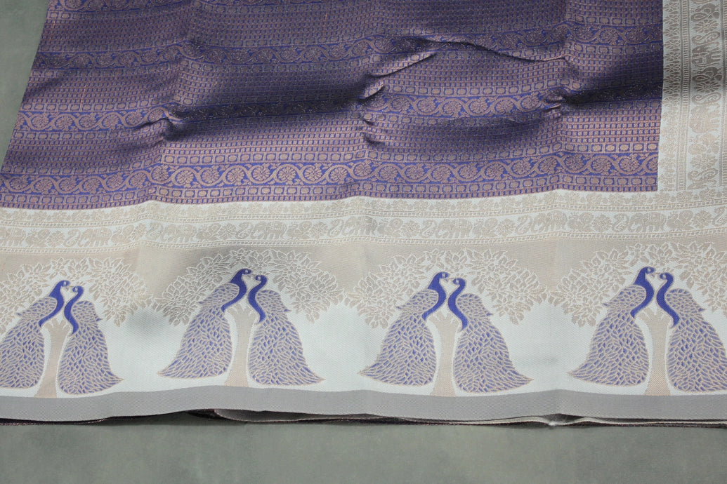 Dark Blue Kubera Pattu Saree with Peacock Border and Blouse