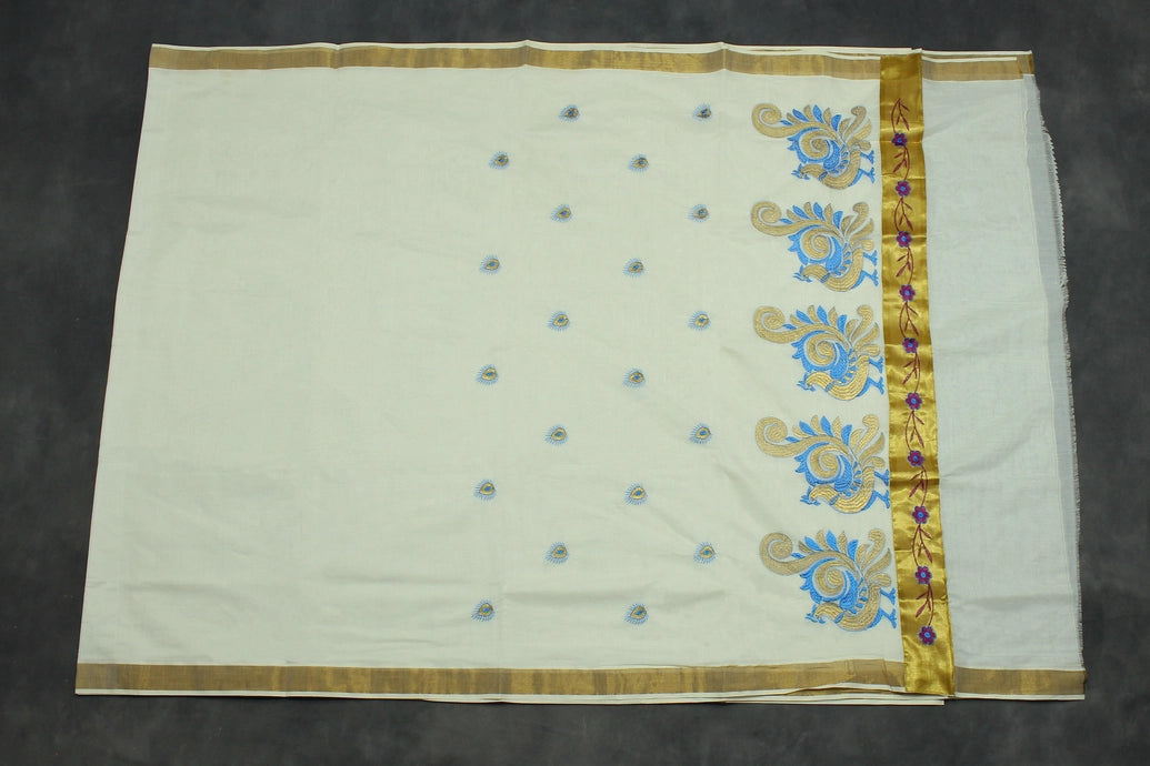Pure Kerala Cotton White Saree with Gold Zari Border and Blue Peacock Embroidery - Blouse Included