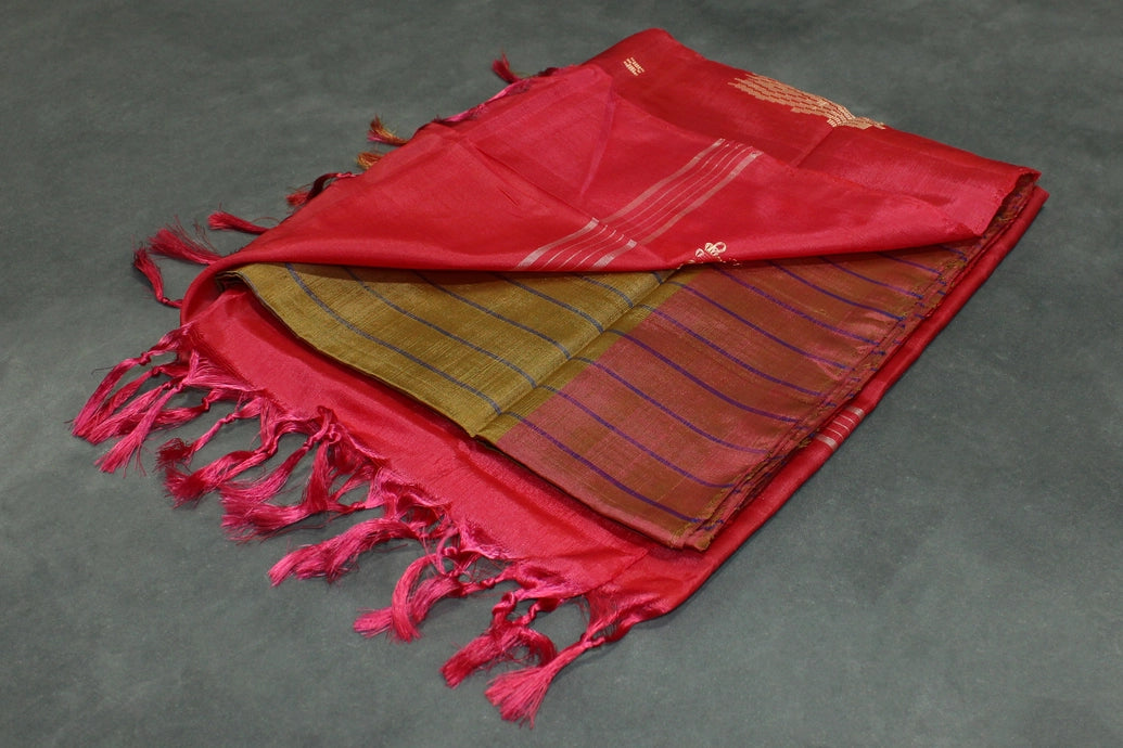 Vaazhai Naar (Banana Pith) Saree - Mustard & Red with Small Butta