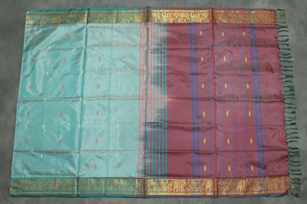 Teal and Maroon Vaazhai Naar Saree with Zari Border and Small Buttas