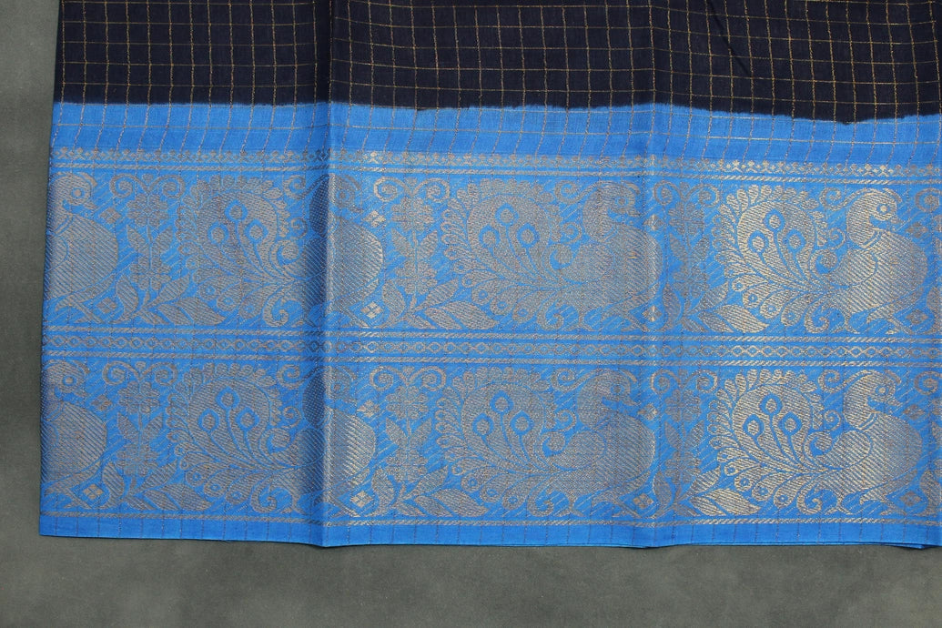 Pure Sungudi Cotton Navy Blue Checked Saree with Contrasting Blue Pallu & Peacock Gold Zari Double Border Saree JCS Fashions