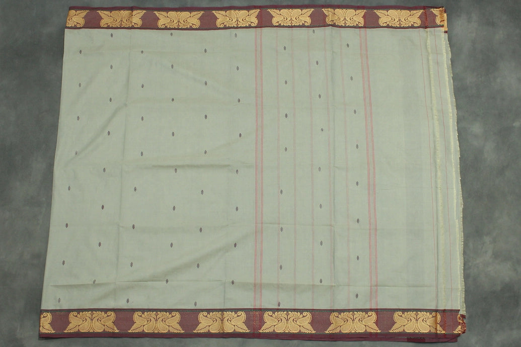 Beige Poly Cotton Butta Saree with Maroon Threaded Gold-Tone Motif Border - Traditional Ethnic Wear Saree JCS Fashions