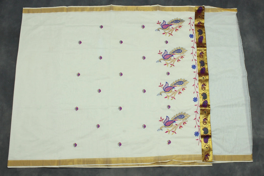 Pure Kerala Cotton White Saree with Embroidered Peacock Pallu and Gold Zari Border