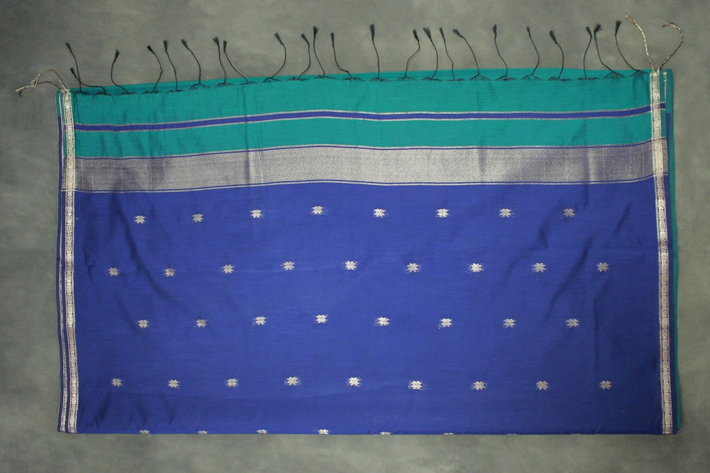 Dark Teal Maheswari Silk Cotton Saree with Small Butta and Zari Border
