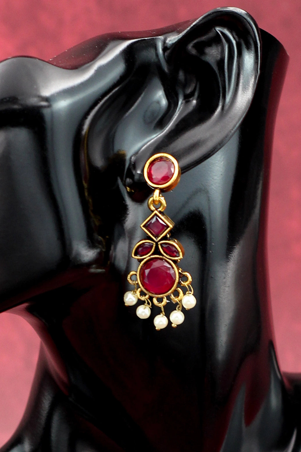 Maroon Gold-Tone Kundan-Style Pearl Drop Earrings Jewelry JCS Fashions