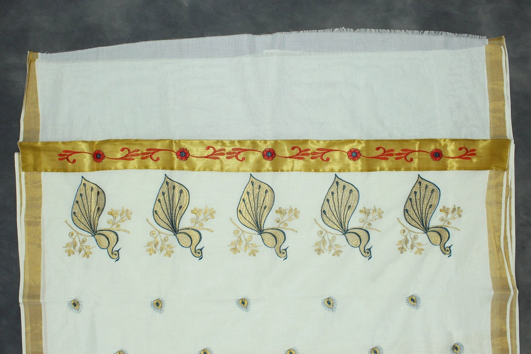 Kerala Cotton White Saree with Gold Zari Peacock Embroidery and Blouse Piece