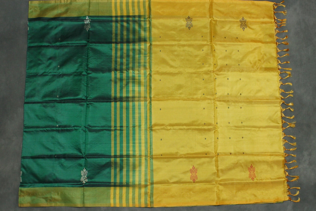 Saffron Yellow Vaazhai Naar (Banana Pith) Saree with Green Pallu and Small Butta - Borderless Traditional Saree