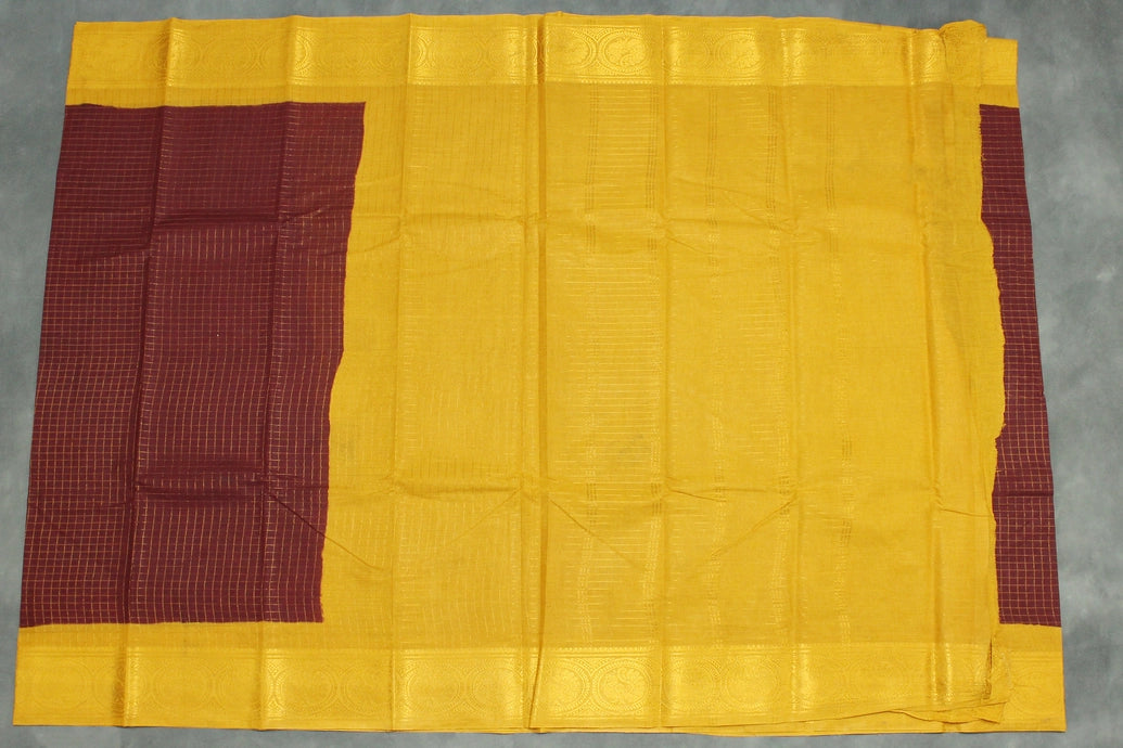 Pure Sungudi Cotton Checked Saree with Peacock Gold Zari Double Border - Brown Saree JCS Fashions