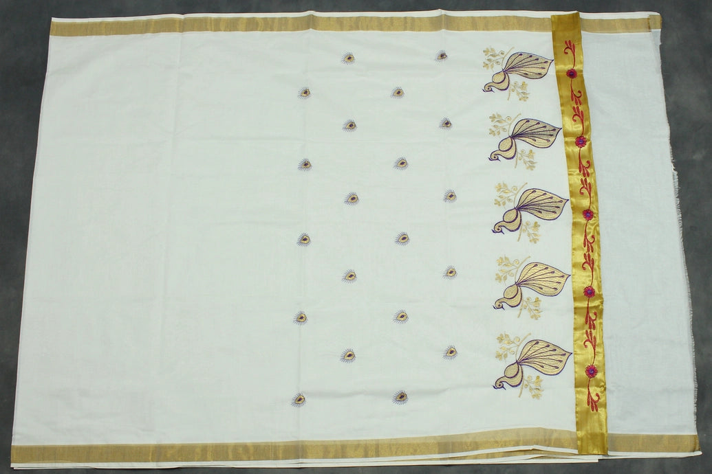 White Kerala Cotton Saree with Gold Zari and Purple Peacock Machine Embroidery, Includes Blouse Piece