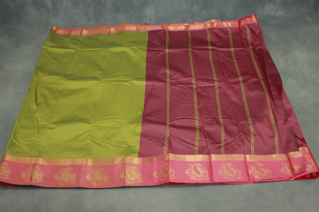 Mehendi Green Emboss Silk Saree with Floral Motifs & Satin Border, Comes with Blouse