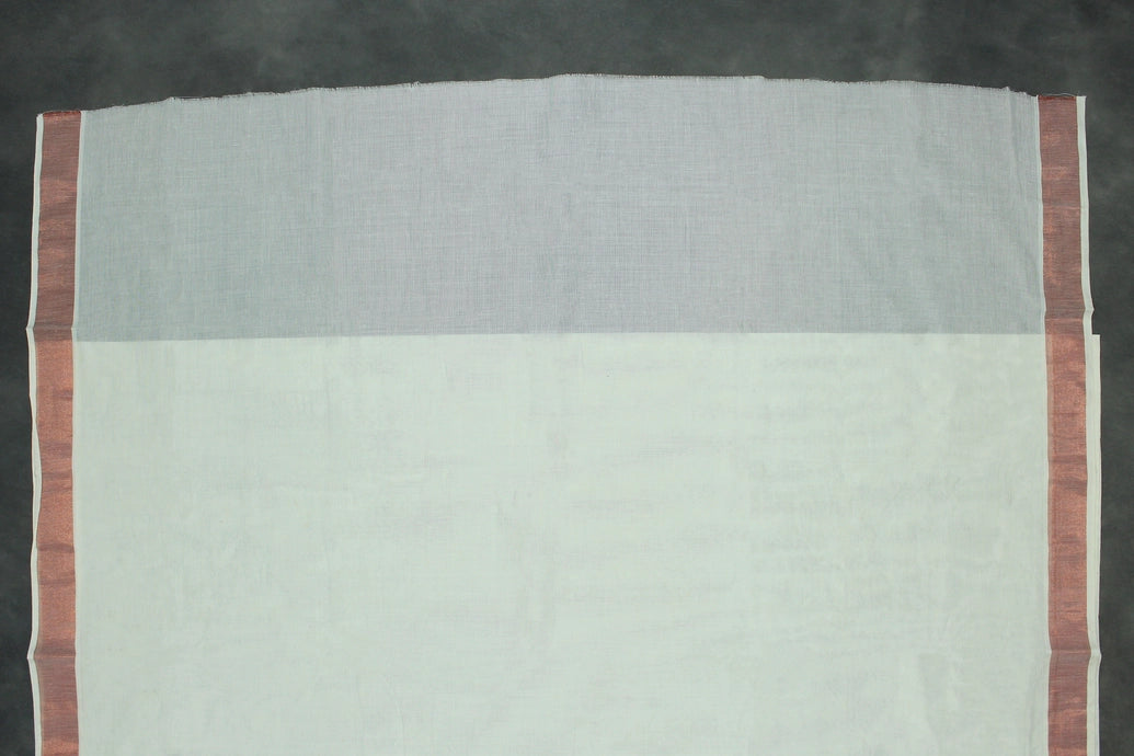 Pure Kerala Cotton White Saree with Copper Zari Peacock Embroidery